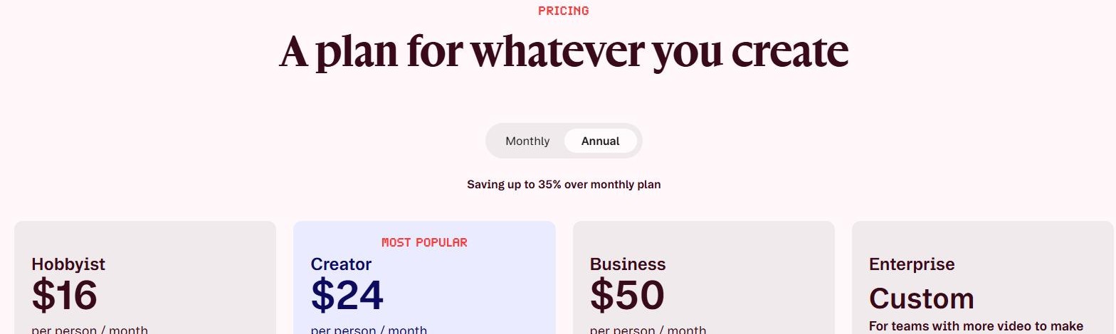 Screenshot of Descript's pricing page showing Hobbyist, Creator, and Business plans