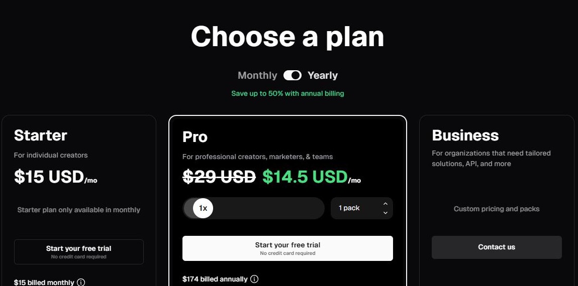 Screenshot of Opus Clip's pricing page showing Starter, Pro, and Business plans